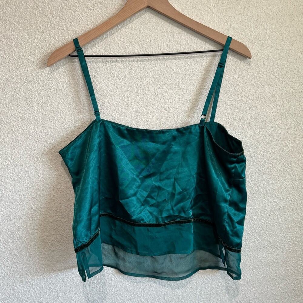 VTG Victoria Secret Y2K Green Cami Velour Trim Satin Mesh Hem Dainty Academia - Picture 8 of 8